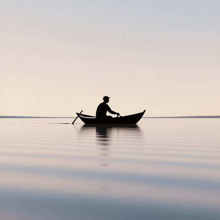 Silhouette of a man rowing a boat on the lakeの素材