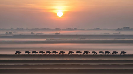 Herd of cows at sunrise in the salt marshes, Netherlandsの素材