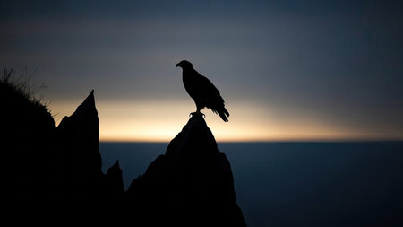Silhouette of a falcon on the top of a rockの素材