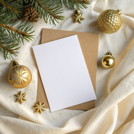 Christmas greeting card mockup with christmas tree branches, golden baubles and blank sheet of paper on white fabric backgroundの素材