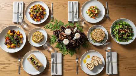 Festive table setting for Christmas dinner, top view. Festive table decoration with variety of food on wooden tableの素材