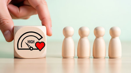 Conceptual image of human resource management and recruitment. Wooden blocks with red heart symbol.の素材