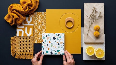 Flat lay composition with woman's hands holding a gift box on a black background.の素材
