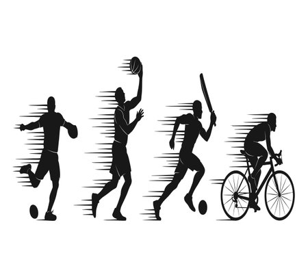 Silhouettes of basketball players and cyclists on a white background.のイラスト素材