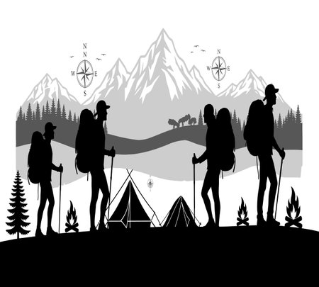 Silhouette of a group of tourists near the lake. Vector illustrationのイラスト素材