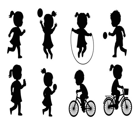 Vector illustration of a set of silhouettes of children on a white backgroundのイラスト素材