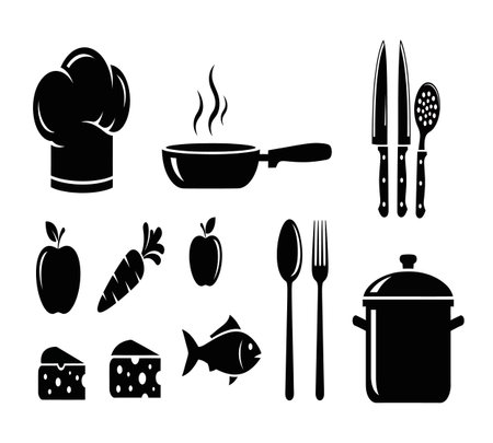 cooking icons set over white background, silhouette style, vector illustrationのイラスト素材