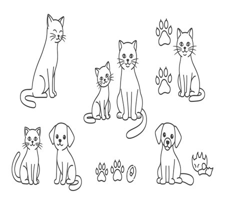 Cat, dog, cat, dog, cat, cat, dog, cat, dog, dog, cat, dog, puppy, kitten, puppy, puppy, doodle, sketch, outline, vectorのイラスト素材