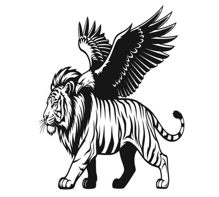 Vector image of a lion with wings in black and white style isolated on white backgroundのイラスト素材