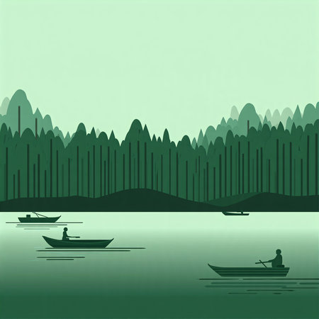 Fisherman in a boat on the lake. Vector illustration.の素材
