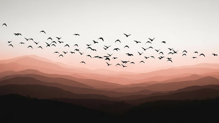 Flock of birds flying over the mountains. 3D illustration.の素材