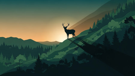 Silhouette of a deer in the mountains. Vector illustration.の素材