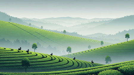 Tea plantation landscape with foggy clouds in the background, vector illustrationの素材