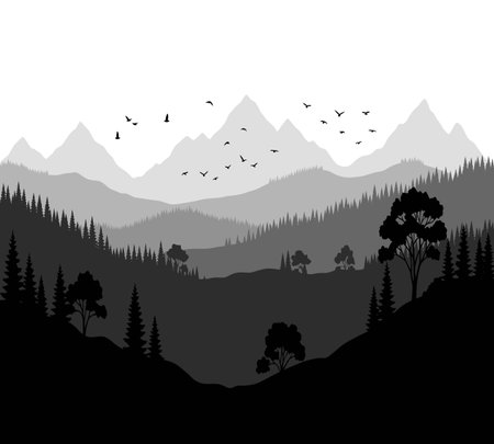Silhouette of mountains and forest with birds. Vector illustration.のイラスト素材