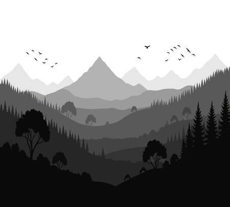 Silhouette of mountains and forest with birds. Vector illustration.のイラスト素材