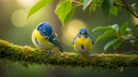 A pair of Blue Tit (Cyornis cyanurus) on a branchの素材