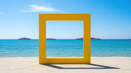 Photo frame on the sandy beach in front of the sea with blue skyの写真素材