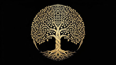Golden tree on black background. Hand drawn illustration. Tattoo idea.
