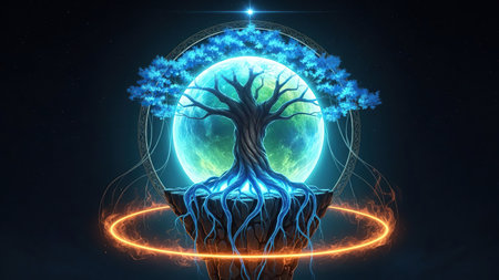Fantasy tree in a circle. 3D rendering. Neon light