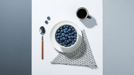 Bowl of blueberries and spoon on white and gray background