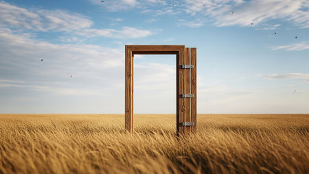 Wooden door in the wheat field. 3d render illustration.の写真素材