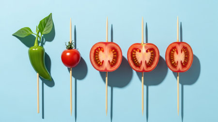 Vegetable skewers with tomato and pepper on a blue backgroundの写真素材