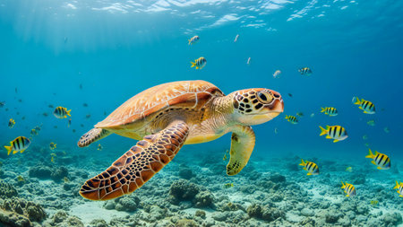 Hawaiian Green Sea Turtle (Chelonia mydas) swimming underwaterの写真素材