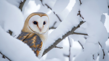 Beautiful Barn Owl (Tyto alba) sitting on a tree in winterの写真素材