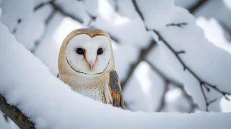 Beautiful Barn Owl (Tyto alba) sitting in a snowy treeの写真素材
