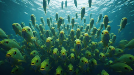 Underwater view of a school of yellow fish swimming in the oceanの写真素材