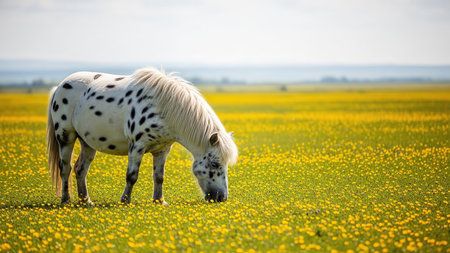 Horse in a meadow with yellow dandelions in springの写真素材