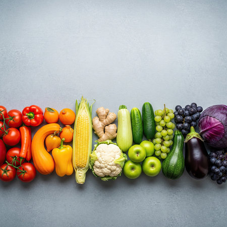 Composition with fresh organic vegetables and fruits on grey background, top viewの写真素材