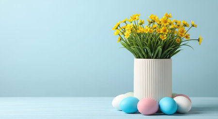 Vase with beautiful daffodils and Easter eggs on table