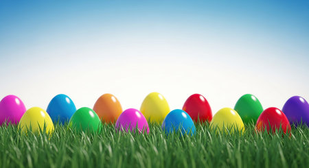 Colorful easter eggs in grass against blue sky with vignette