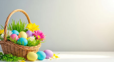 Colorful easter eggs in a basket on white table with copy space