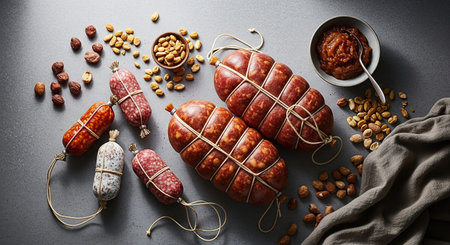 Smoked salami sausage with nuts and dried fruits on dark background