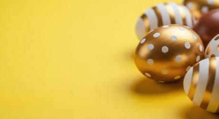 Easter eggs on a yellow background. Happy Easter. Copy space.