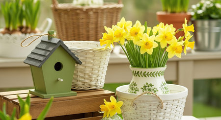 Beautiful spring flowers and birdhouse on table in the room.
