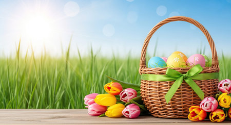 Easter basket with colorful eggs and tulips on wooden table outdoors