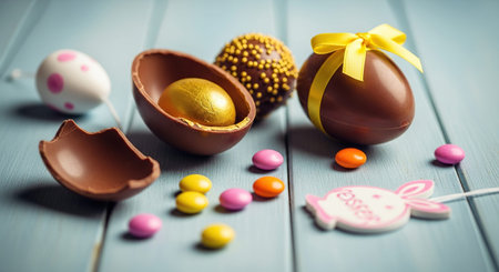 Easter chocolate eggs with candies on blue wooden background, closeup