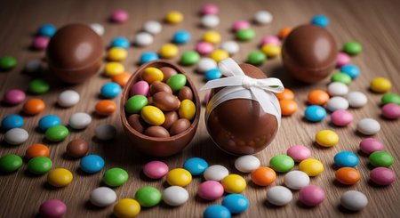 Easter chocolate eggs and candies on wooden table. Selective focus