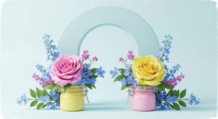 Three jars with pink, yellow and blue flowers on a blue background