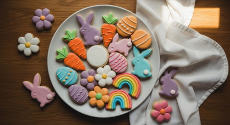 Easter gingerbread cookies with colorful glaze on a wooden table