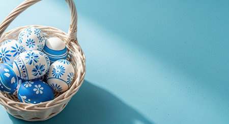 Easter eggs in a wicker basket on a blue background.の写真素材