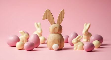 Easter composition with wooden bunny and eggs on pink background. Happy Easter concept.