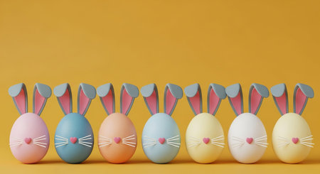 Easter eggs with bunny ears in pastel colors on yellow background