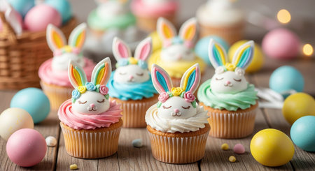 Easter cupcakes decorated with bunny ears and colorful eggs on wooden background