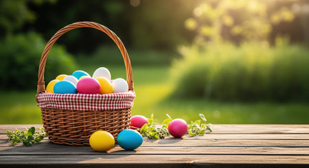 Colorful Easter eggs in a basket on wooden table in the garden