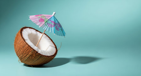 Coconut cocktail with umbrella on a blue background. Summer concept