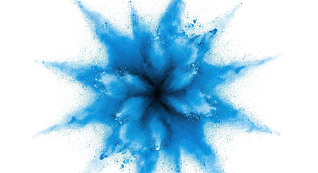 Explosion of blue powder isolated on white background. Abstract colored background